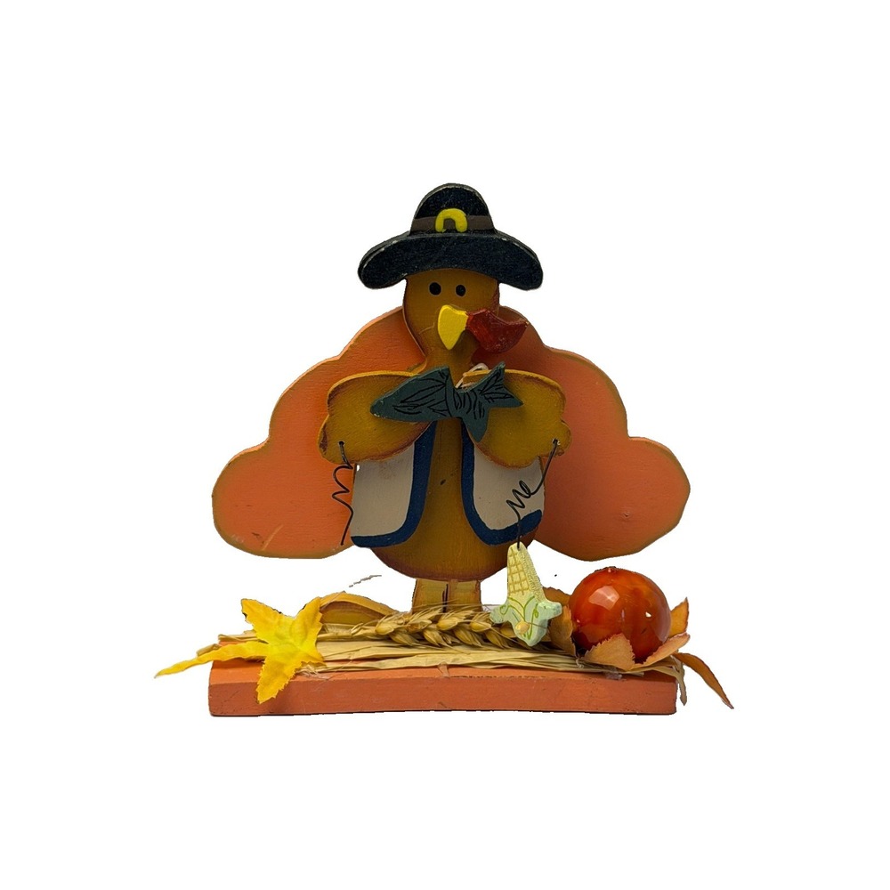 Thanksgiving Wooden TOM THE TURKEY With Pumpkin And Pilgrim Hat Vintage